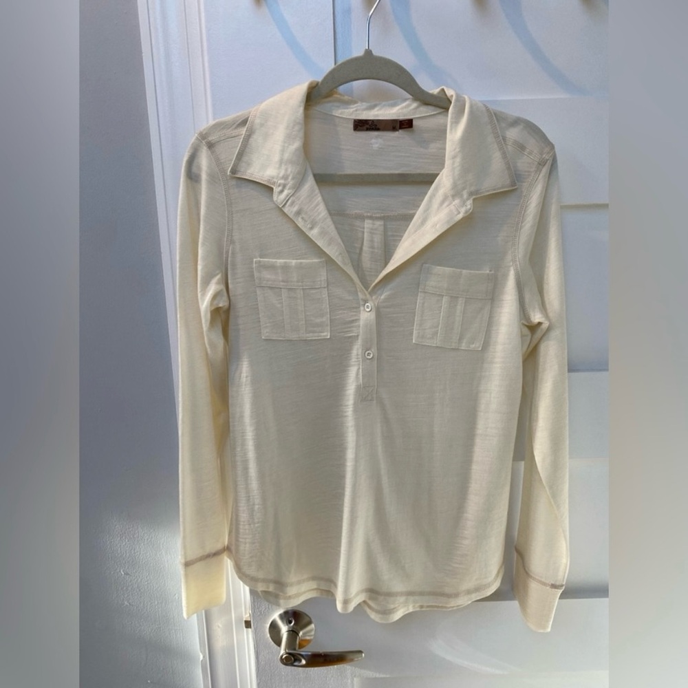 PrAna Cream Besha Wool Blend Long Sleeve Polo
